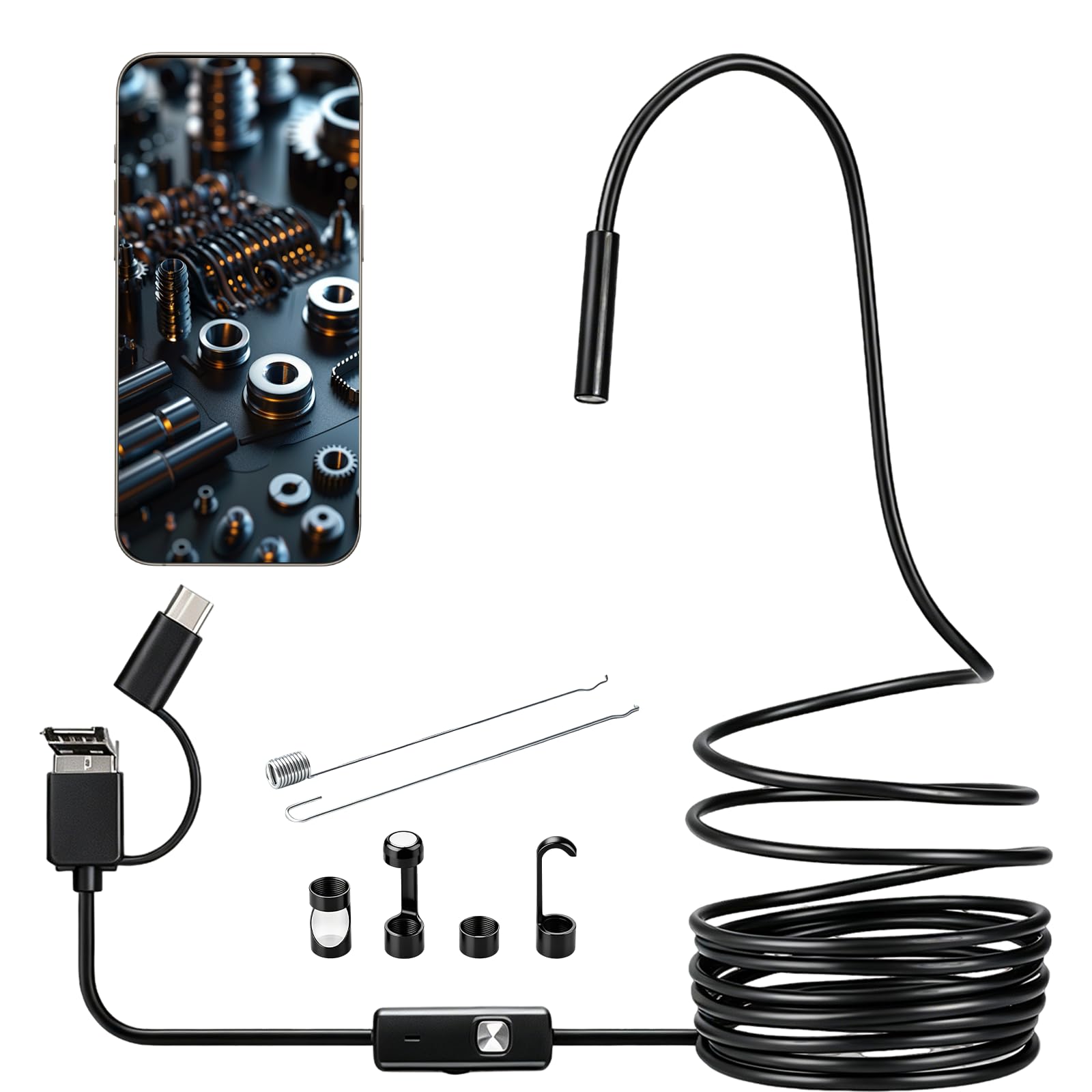 Endoscopio per Smartphone con Luce，Doppia Lente 1920P HD Telecamera Endoscopica，IP67 Impermeabile Telecamera Ispezione Tubi con Cavo Semirigido da 5 M per Android e iOS