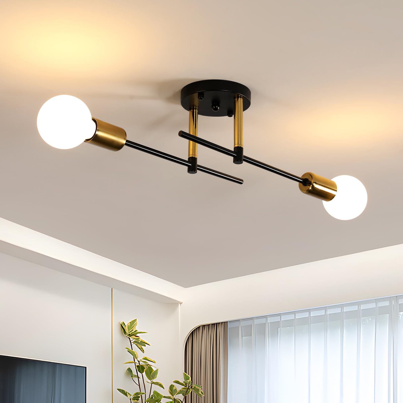 Osairous Ceiling Light Living Room Industrial, 2 Bulbs Ceiling Light, Sputnik Black Gold Chandelier, E27 Bedroom Lamp, Pendant Lamp, Diameter 38 cm