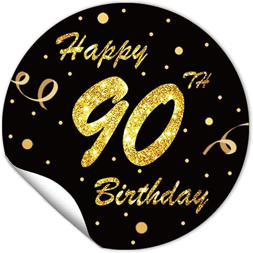 Calcomanías redondas de 1.5 pulgadas para cumpleaños 90 (80 piezas), color negro y dorado, calcomanías de feliz cumpleaños de 90 años, calcomanías