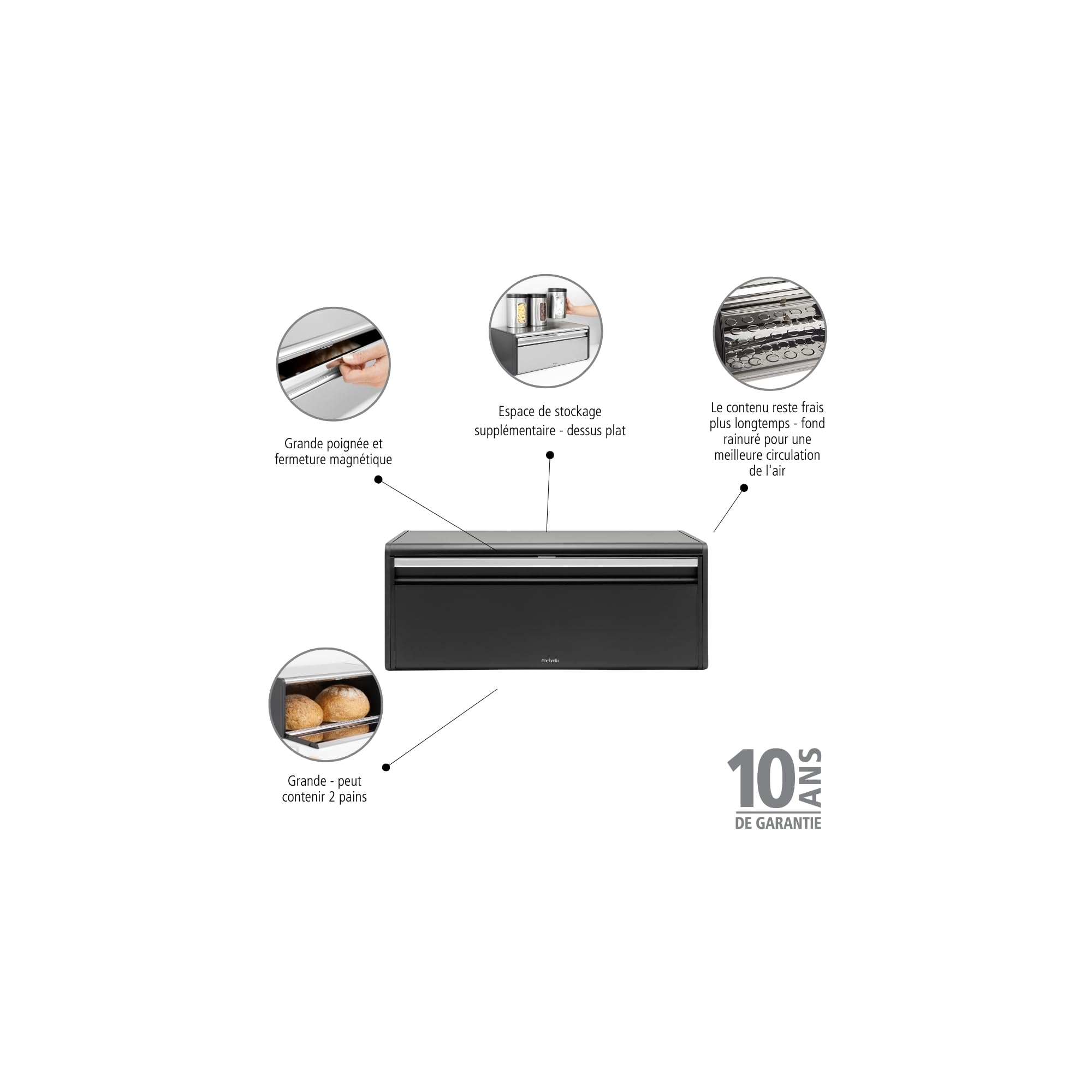 Brabantia Fall Front Boîte à Pain - Grande Boîte de Rangement pour le Pain, les Bagels, les Petits Pains - Design peu Encombrant avec Dessus Plat
