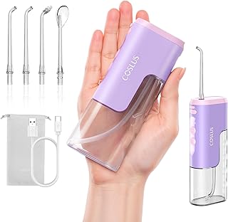 COSLUS T40 Mini Water Flosser for Travel: Portable Compact Design, Cordless Oral Irrigator with 4 Jet Tips, Removable Tank & IPX7 Waterproof for Braces, Sensitive Teeth & On-The-Go Use, Pink Purple