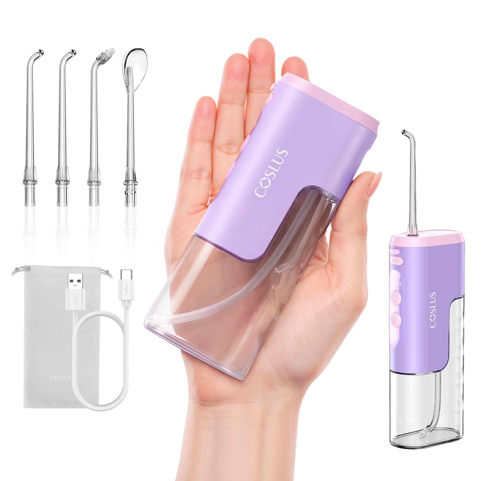 COSLUS Mini Water Flosser for Travel: Portable Compact Design, Cordless Oral Irrigator with 4 Jet Tips, Removable Tank & IPX7 Waterproof for Braces,