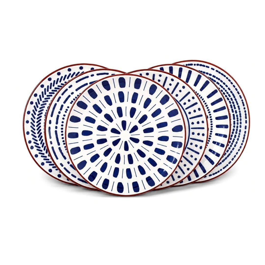 Lot de 6 grandes assiettes en porcelaine Ø26,5 cm, blanc, marron et bleu, vaisselle méditerranéenne pour plats principaux, design Santorin