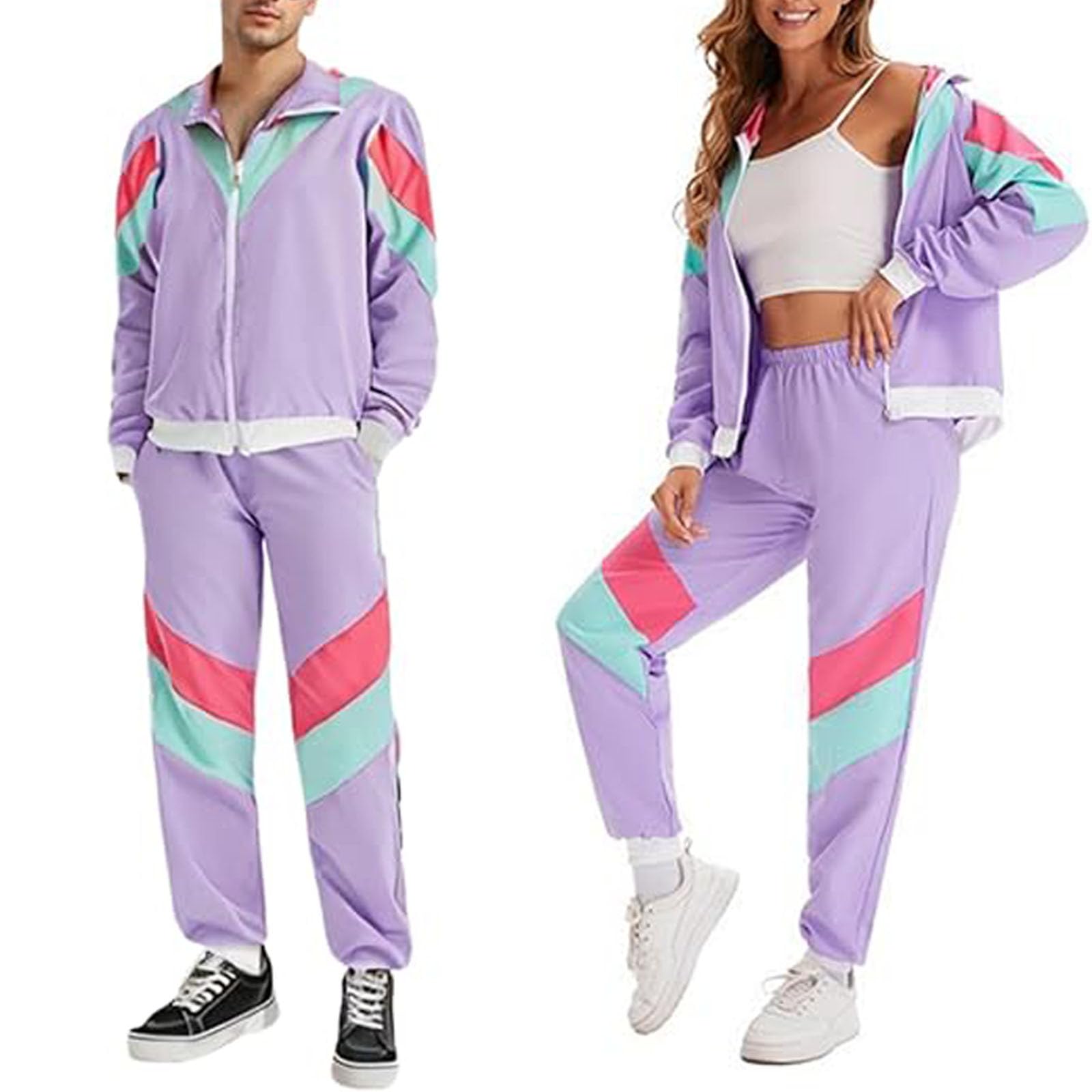 Disfraz de los años 80 para hombre y mujer, disfraz de los años 90, ropa para mujer, bloque de color, 2 piezas, manga larga, cortavientos, chaqueta, trajes, chándal, chándal para mujer para carnaval y