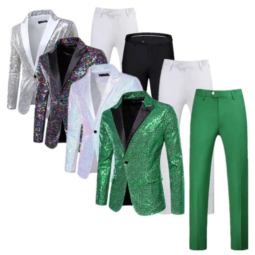 Men Sequins Suit 2 Piece Comfortable Breathable Business Social Dance Party Dress Blazer Pants Silver XL2