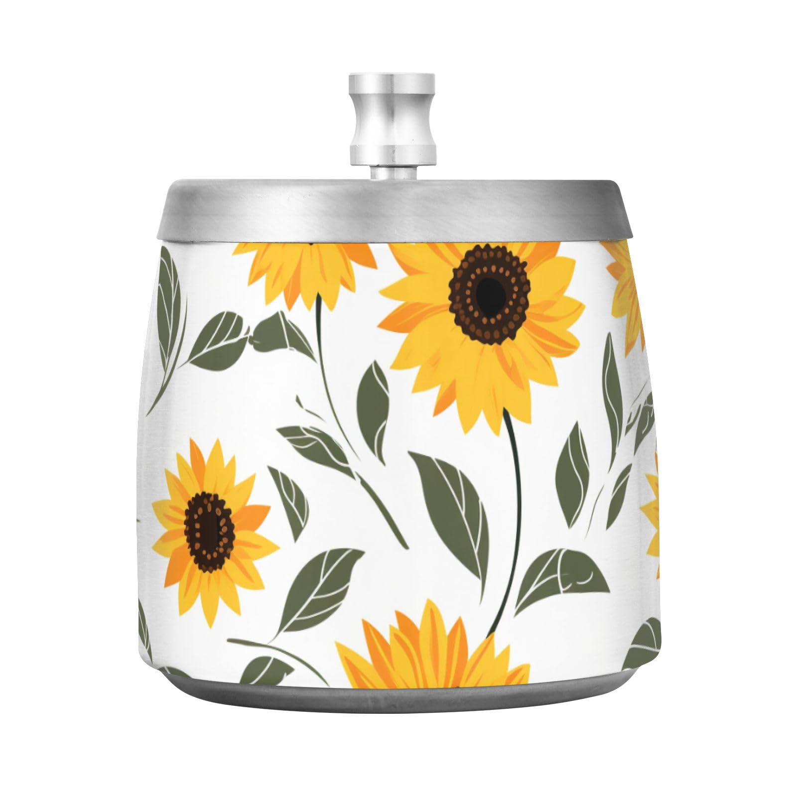 Cute Sunflowers White Print Ashtray with Lid, Outdoor Ashtrays for Patio, Stainless Steel Ashtray Odorless Smokeless for Home Office Balcony