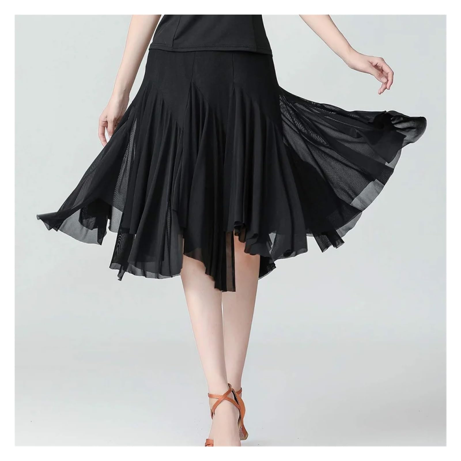 Latin Tanzkleid Damen Eleganter mittellanger Latein-Tanzrock aus Netzstoff for Damen, weicher Gesellschaftstanz, Walzer Dancewear(L)