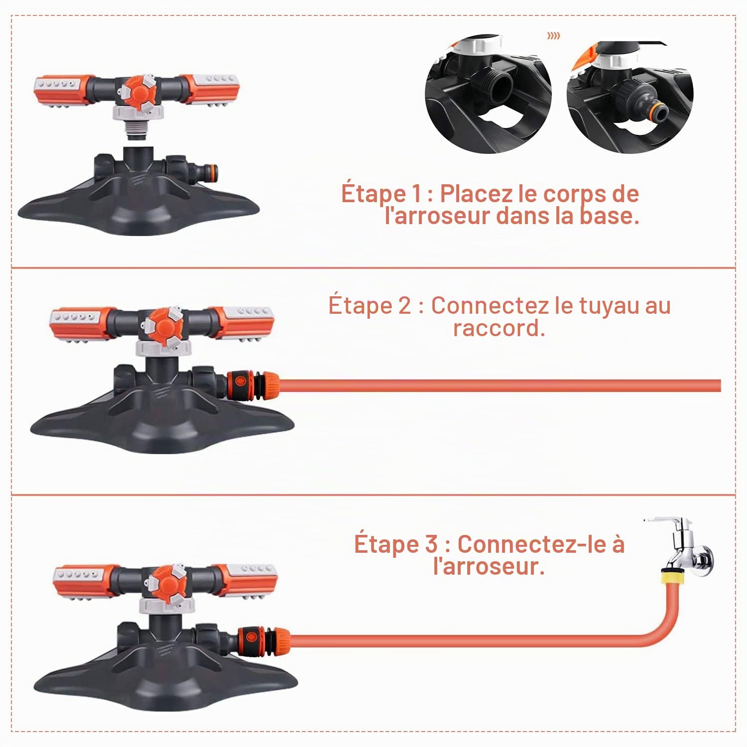 HERZO Arroseur de Jardin 3 Bras 360 °, Système d'arrosage Automatique, Débit réglable et débit d'eau, Grande Surface de pulvérisation