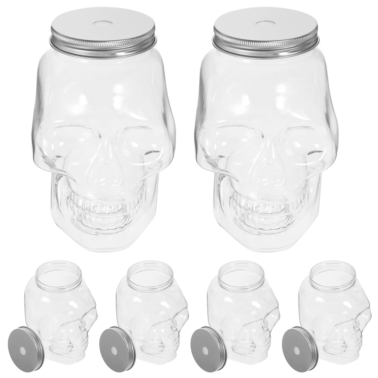 VICASKY 6 bottiglie per bevande a forma di teschio con coperchio, contenitori in plastica a tema Halloween, per succhi di frutta, per feste, eventi all'aperto, uso domestico