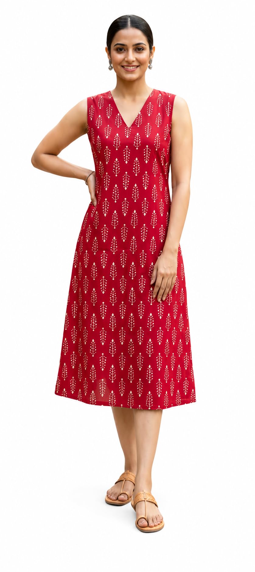 Women’s Sleeveless Printed A-Line Midi Dress | V-Neck Casual Cotton Blend Ethnic Dress-picture-56