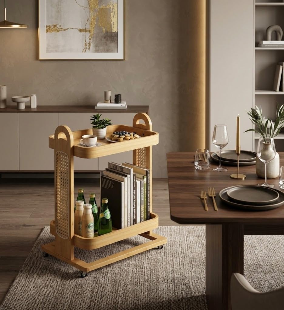 Wooden Bar Serving Cart Brown Wood and Jute Rolling Foldable Kitchen Trolley with Wine Storage Glass Holder Multi Level Utility Bar Table for Drinks Snacks Books Home Living Room-image-18