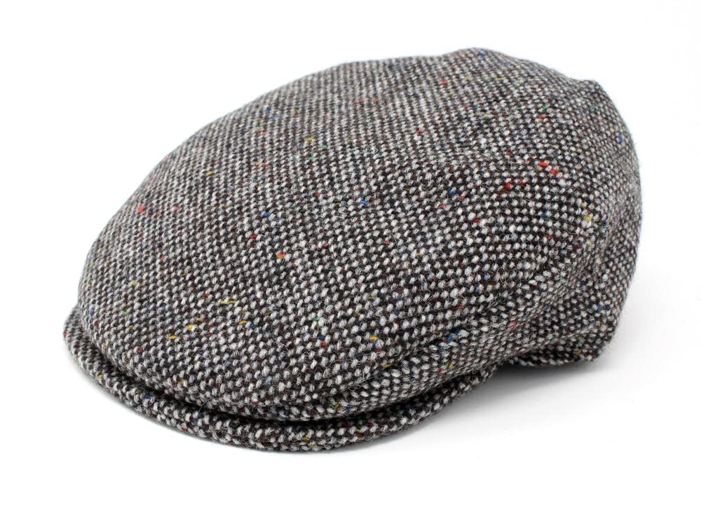 Hanna Hats Men's Granite Grey Salt & Pepper Traditional Irish Tweed Wool Vintage Cap. Unisex Cabbie Hat. Stud Fastener & Taffeta Lining. 100% Made In Ireland., X-Large