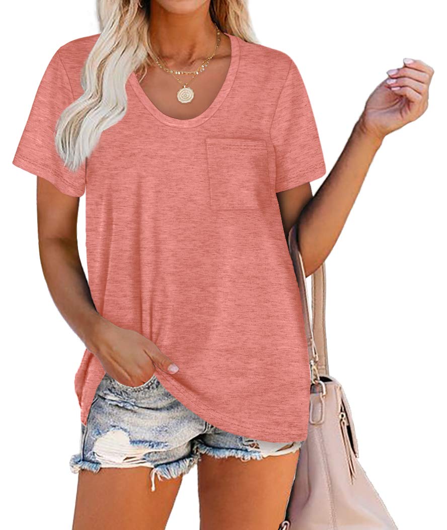 WIHOLL Women Summer T Shirts Short Sleeve Rounded V Neck Pocket Tee Tops