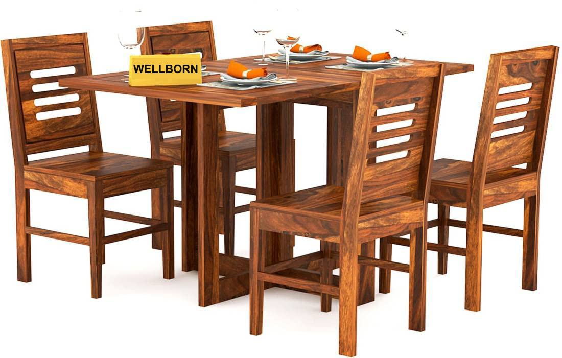WELLBORN Solid Sheesham Wood 4 Seater Folding Dining Table with 4 Chair | Dining Set for Living Room | Hotel Restaurants Dining Set-image-29