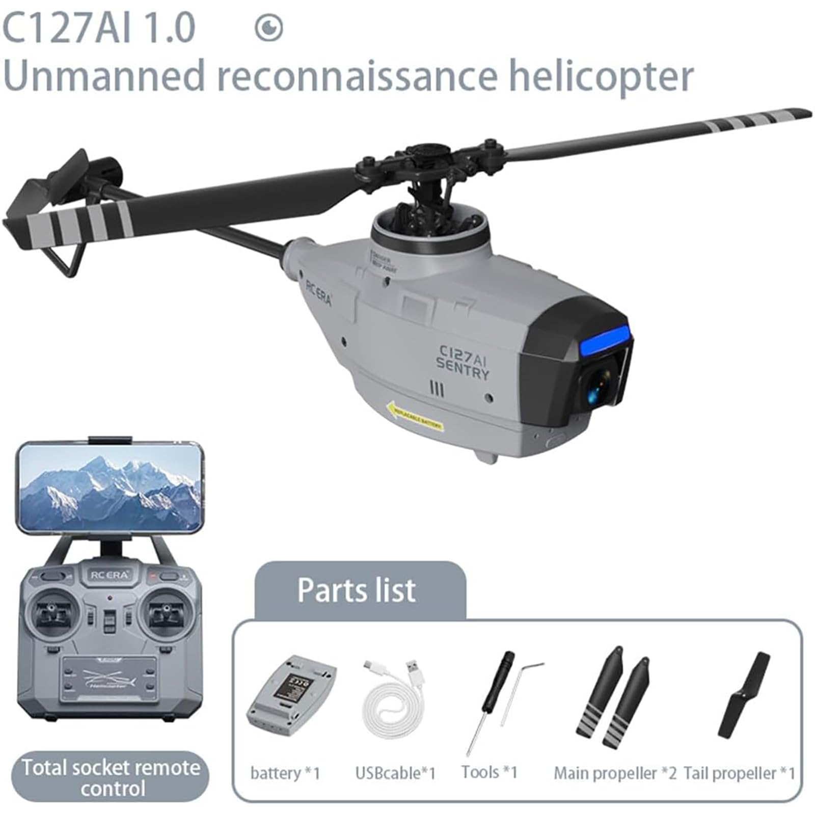 Helikopter RC C127AI Scout Drone z kamerą 1080P dla początkujących dorosłych, zdalnie sterowany samolot wojskowy 4CH z 6-osiowym żyroskopem i optycznym pozycjonowaniem przepływu (wersja RTF)