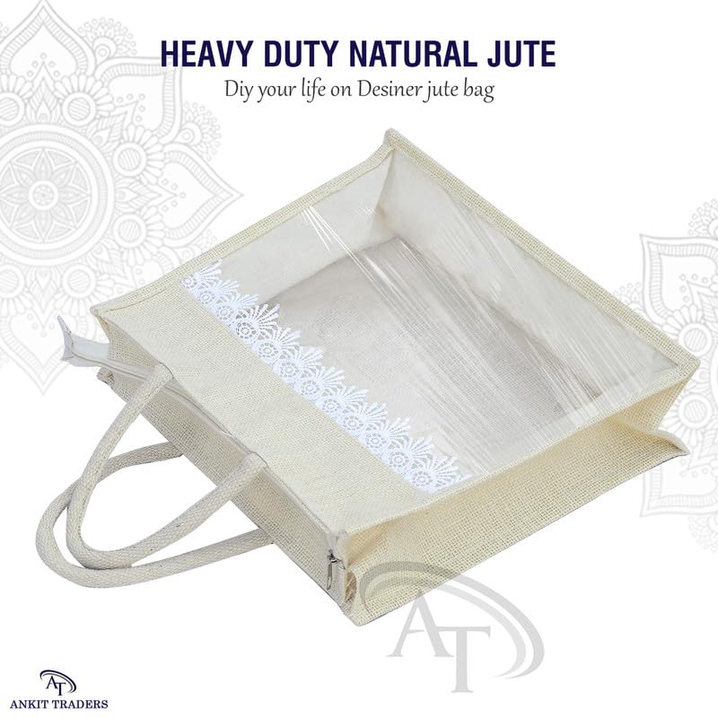 Image of Rishabh Overseas Jute Bags for Women | Eco Friendly Bag with Front Transparent Window | Reusable Tote with Comfortable Handle for Gifting & Shopping | Wedding & Baby Shower Return Gift