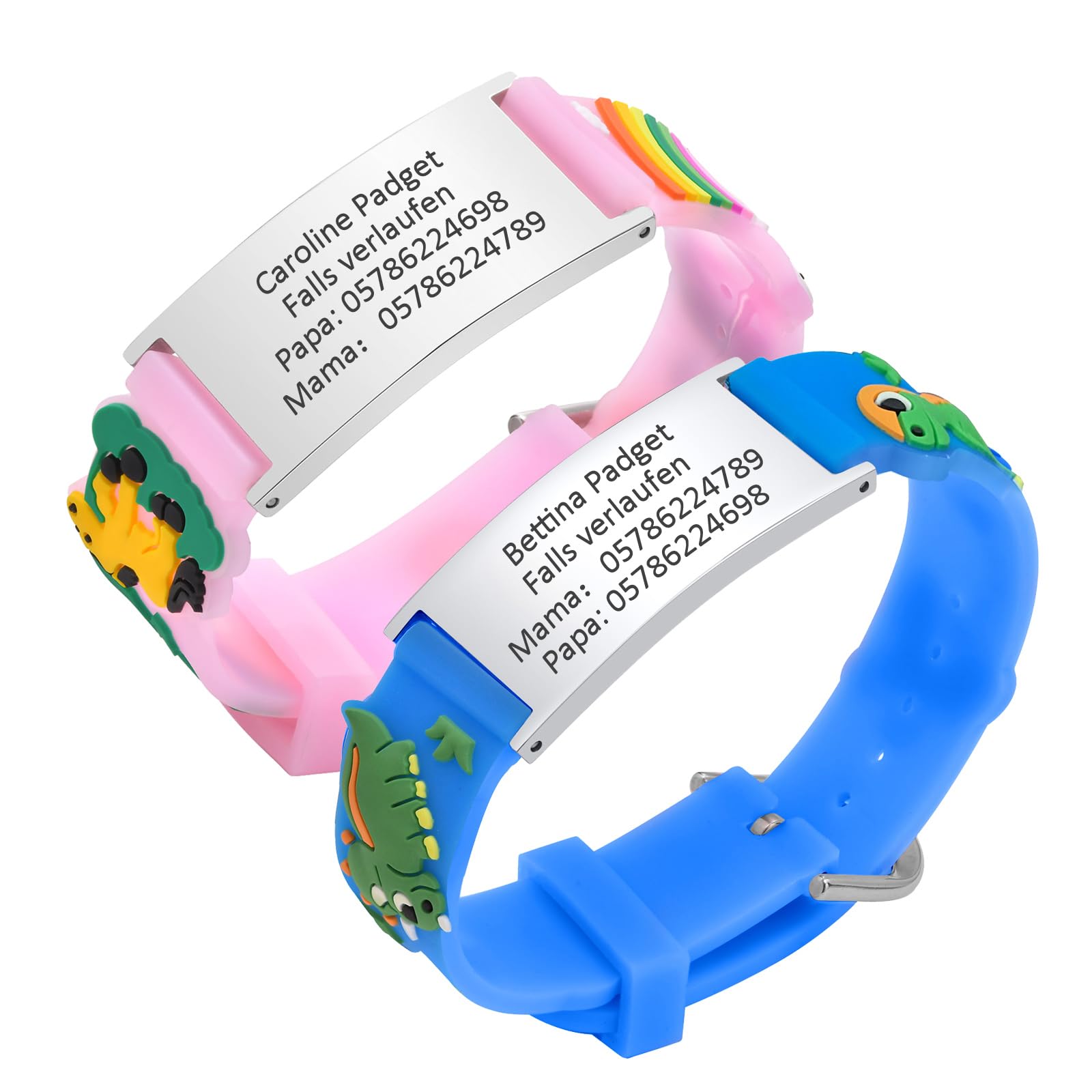 Personalised Safety ID Wristbands for Kids - Pack of 2 Customised Pink and Blue Cartoon Silicone Strap Bracelet for Girls Boys Toddler, Free Engraving Child Anti-Lost Safety ID Bracelets for Kid โ image 1