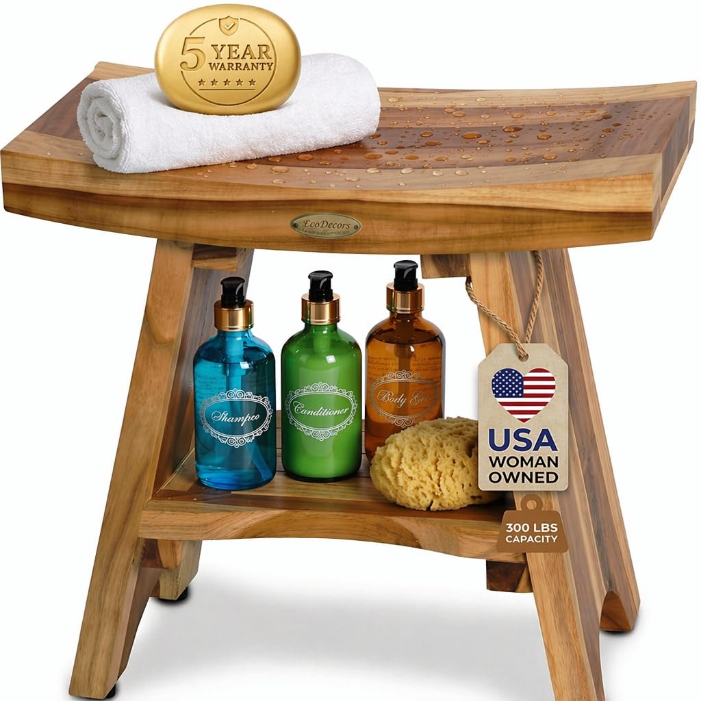 EcoDecors Shower Stool, Teak Wood, Natural, 18"