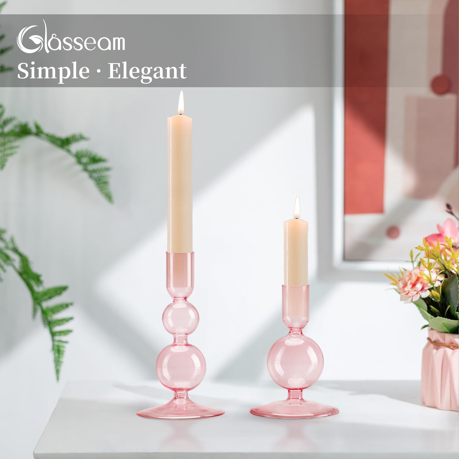 Glasseam Set Di 3 Portacandele In Vetro Rosa - Decorazione Per Casa, Tavola E Feste, Forme A Bolla - Foto 2