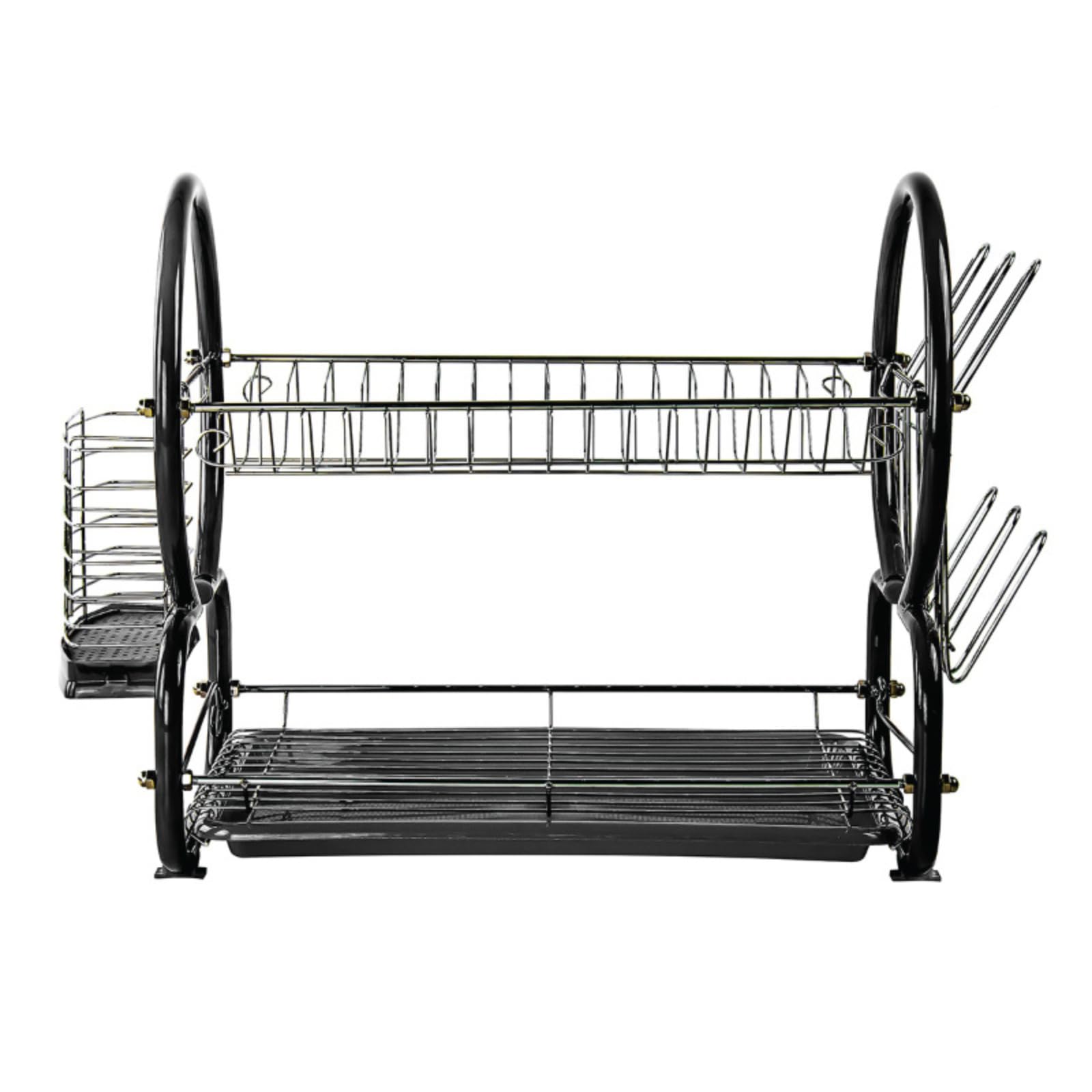 SK COOKWARE 2 Tier Stainless Steel Dish Drainer Drying Rack with Cutlery Holder Compact Black Dish Rack for Kitchen Counter Drip Tray, Glass & Utensil Holder