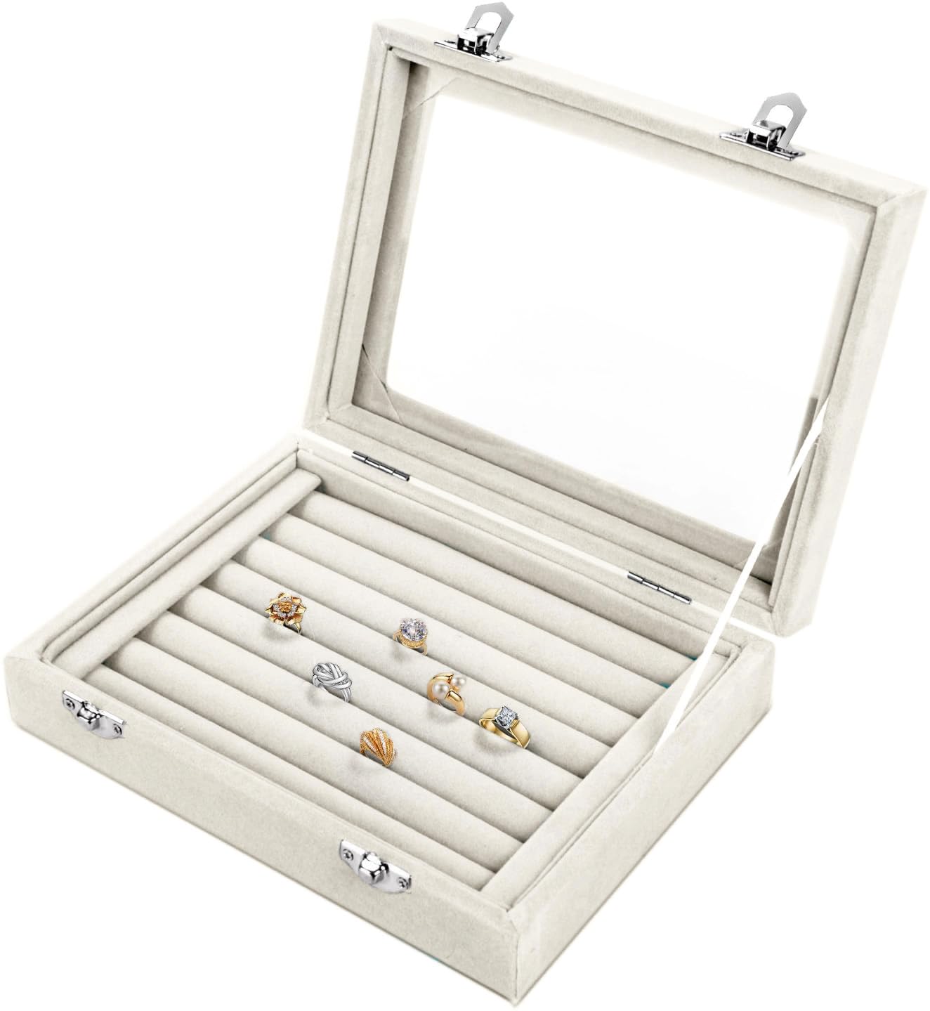 Basuwell Ring-Beige Earring Ring Storage 7 Slots Velvet Jewelry Tray For Drawers Glass Clear Lid Showcase Display Ring Organizer Earring Ring Trays Holder Cufflink Showcase