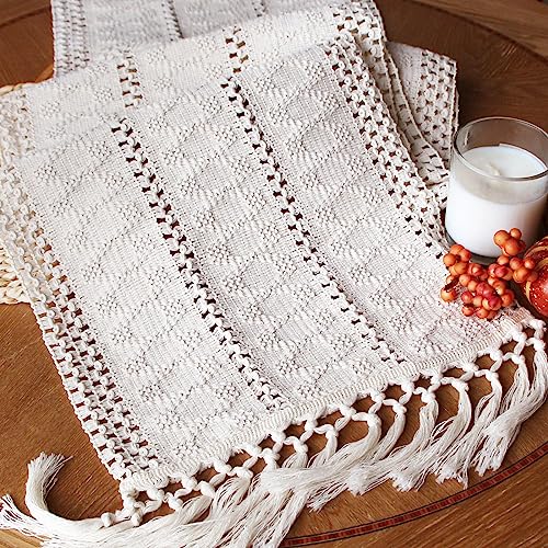 FEXIA Summer Table Runner with Tassels Boho 72 Inches Long Cream Burlap Table Runner for Home Farmhouse Decor Rustic Bohemian Dining Bedroom Decoration Baby Bridal Shower(12x72 Inches)