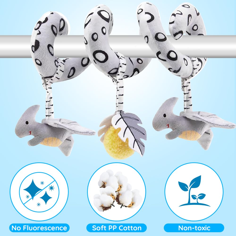 Baby Hanging Toys for Stroller and Car Seat, Black and White High Contrast Sensory Plush with Rattle & Squeaker, BPA-Free, Soft Developmental Toy for Newborns & Infants 0-6-12 Months (Dinosaur)