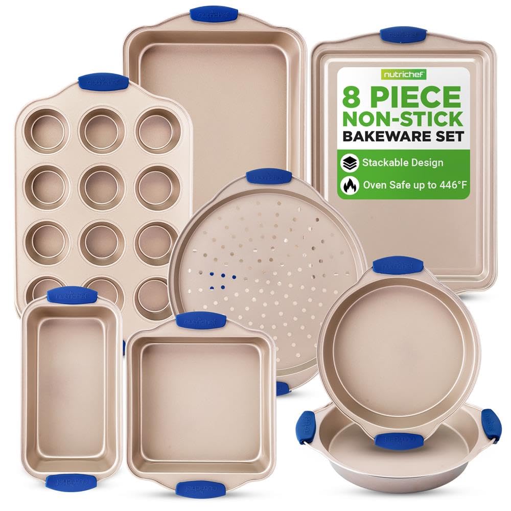 NutriChef Backformen für Küchenofen – Deluxe-Antihaftbeschichtung innen und außen, Karbonstahl-Backformen-Set mit blauen Silikongriffen, langlebig und zuverlässig, Backblech, Ofenform