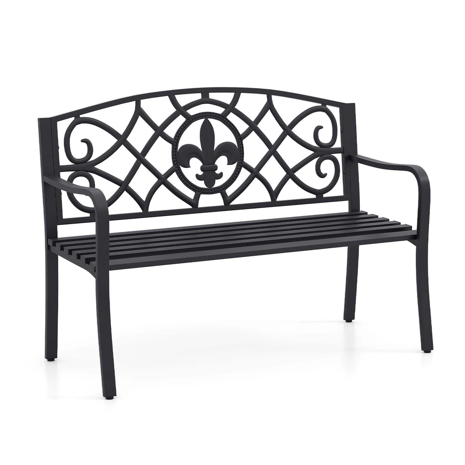 50.5” Outdoor Bench with Metal Frame, Floral Design Cast Iron Backrest, Slatted Seat, Adjustable Foot Pads, Load 660Lbs, Garden Bench for Outside Patio Backyard Porch Park, Black