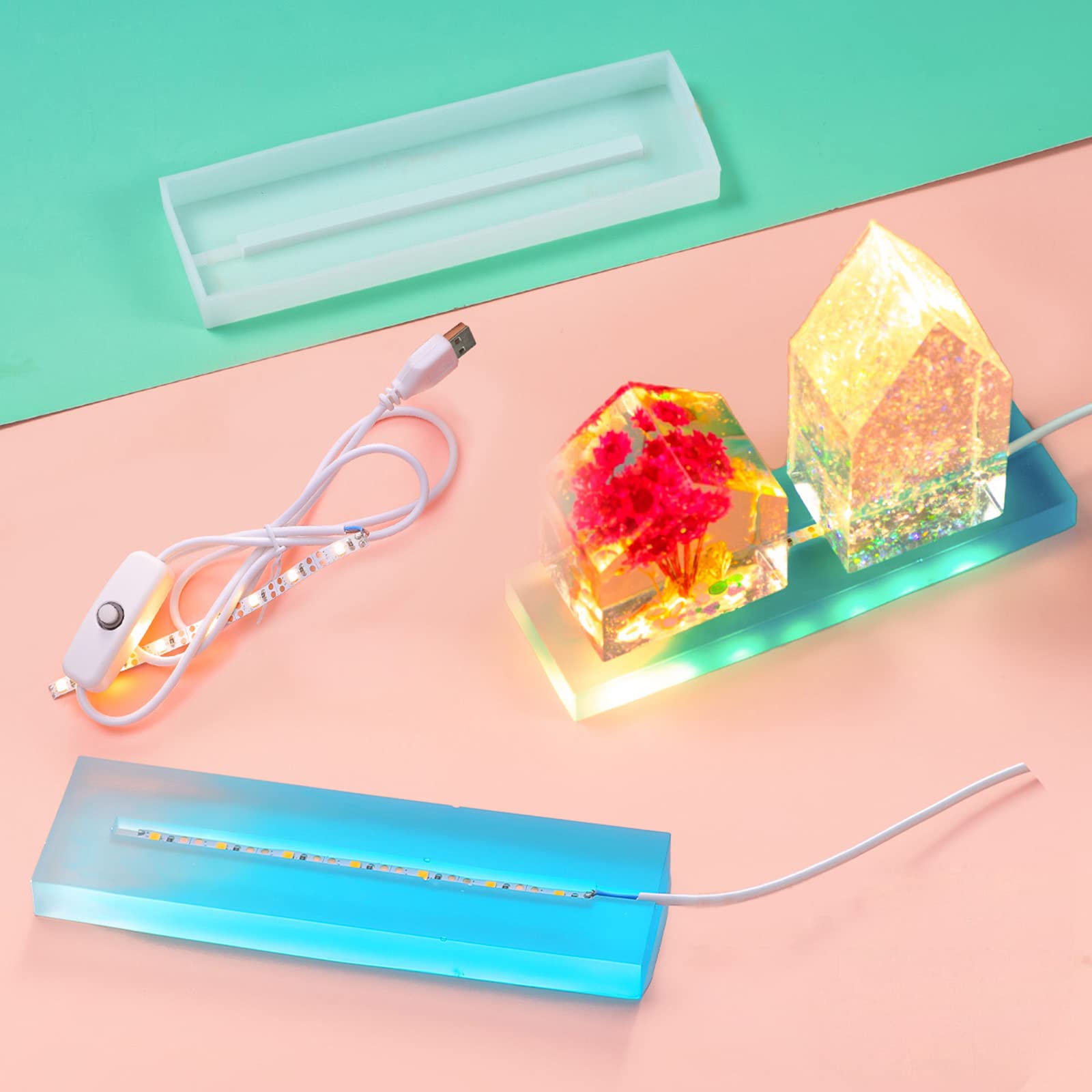 Moule En Silicone Pour Lumières LED, Base D'affichage Ronde Et Carrée Avec USB, Kit De Bricolage Pour Verre De Cristal, Résine D'art