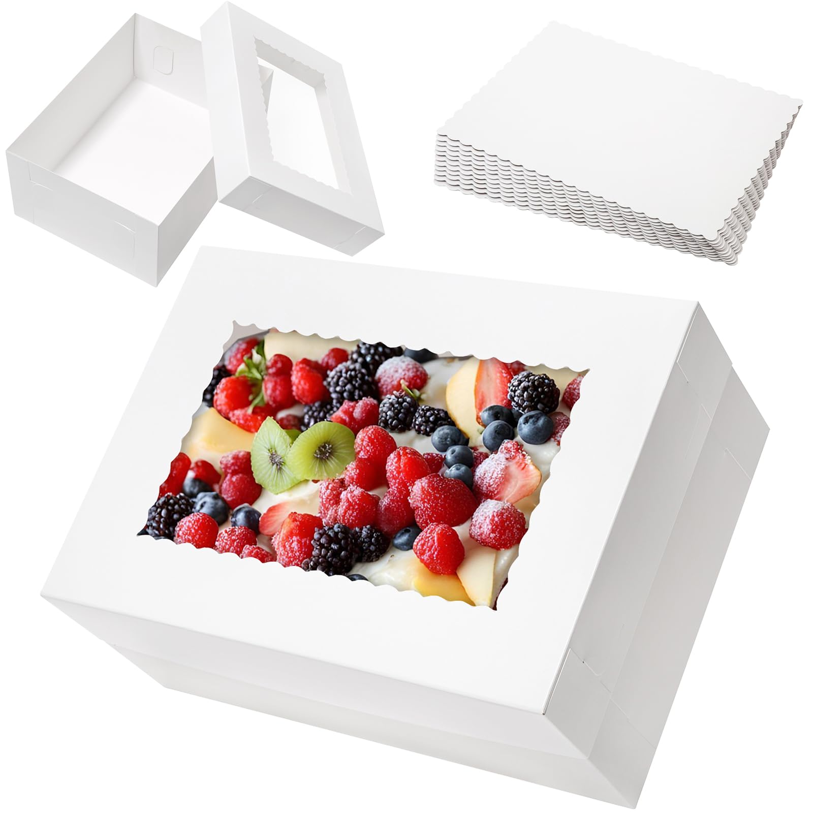 10pcs 14x10x6 Quarter Sheet Cake Boxes with 10 pcs Cake Boards - Rectangle Bakery Boxes with Window for Pastry Baking, Cupcakes, Donuts, Cookies, Pie Treat Packaging White Large