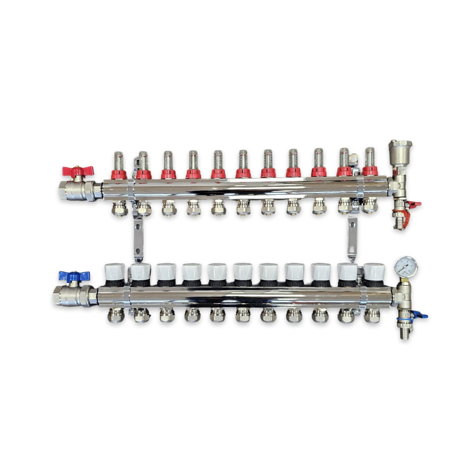 Wärmer System 11 Port Underfloor Heating Complete Manifold with Pipe Connections, Ball Valves, Automatic Air Vent and Pressure Gauge End Unit (16mm eurocones)