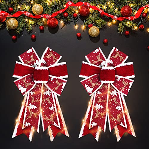 Estivaux 2 PCS LED Christmas Bows for Wreath, Christmas LED Wreath Bows Winter Holiday Snowflake Bows Red Velvet Bows Xmas Trees Bows for Front Door Merry Christmas New Year Decorations Suppies