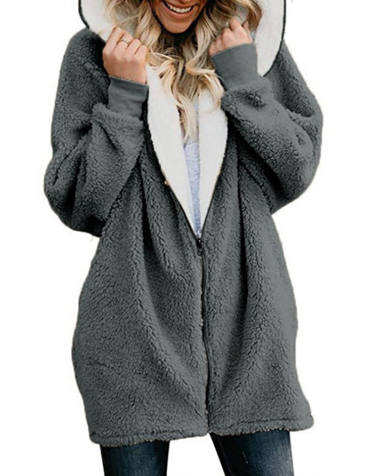 Women Oversized Hoodie Teddy Fleece Winter Coats Cardigan Full Zip Up Hooded Long Sleeve Warm Coat Sherpa Outwear with Pockets Ladies Fuzzy Solid Tops