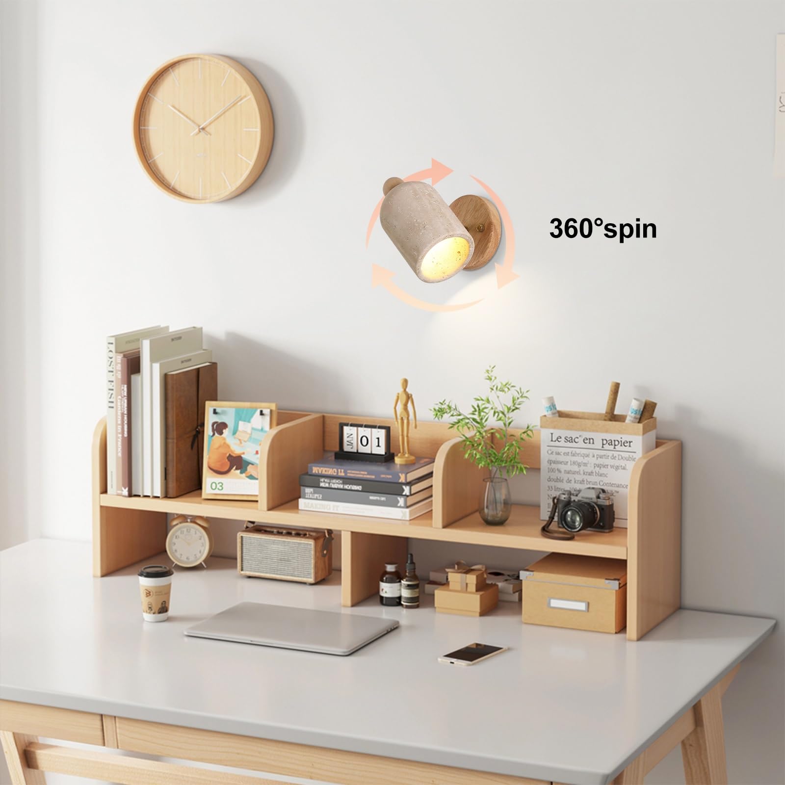 Apliques de Pared Modernos Interior Lámpara de Pared de Piedra Ajustable 180° Mármol Natural Japonés Travertino Amarillo Luz de Pared para Mesita de Noche Dormitorio Sala de Estar Vestíbulo Entrada