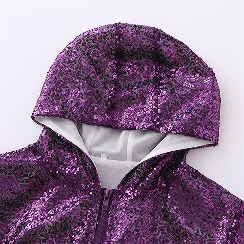 Mowbeat Girls Purple Sequin Jacket Zipper Hoodie Varsity Jacket for Kids Sparkly Sequin Long Sleeve Hoodies Coat4