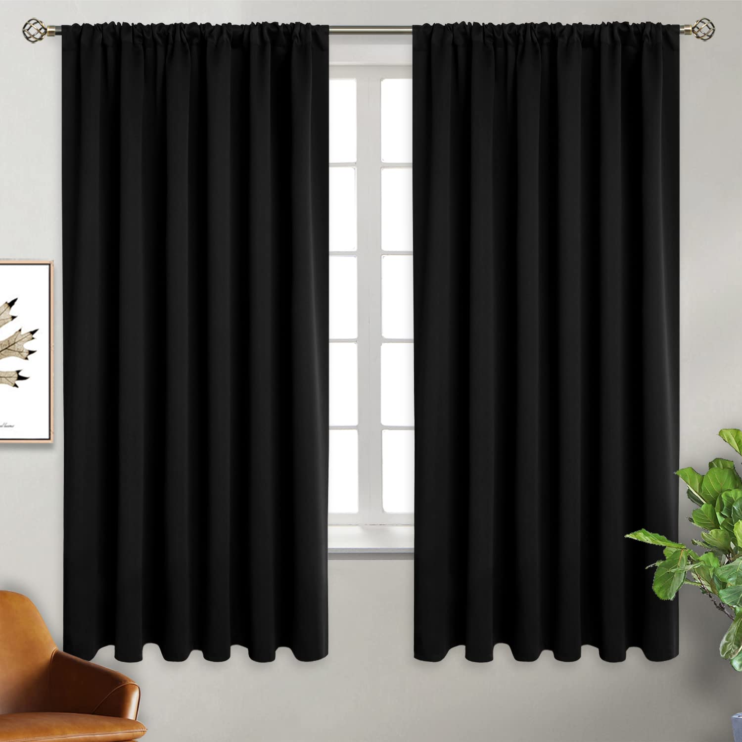 BGment Rod Pocket Blackout Curtains for Bedroom - Thermal Insulated Room Darkening Curtain for Living Room, 70 x 63 Inch, 2 Panels, Black — image 1