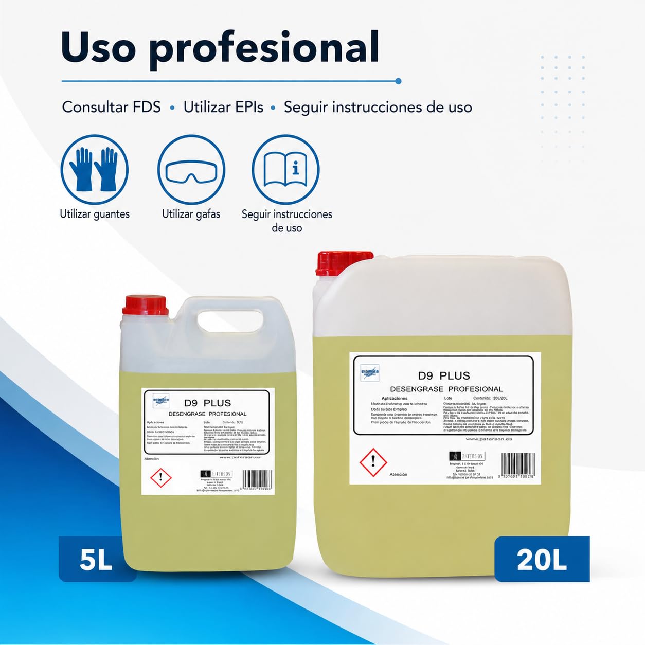 D9-PLUS Quitagrasas Profesional 20 L, Uso Directo, Desengrasante Enérgico para Filtros de Campana, Planchas, Superficies, Suelos y Grasas Alimentarias.