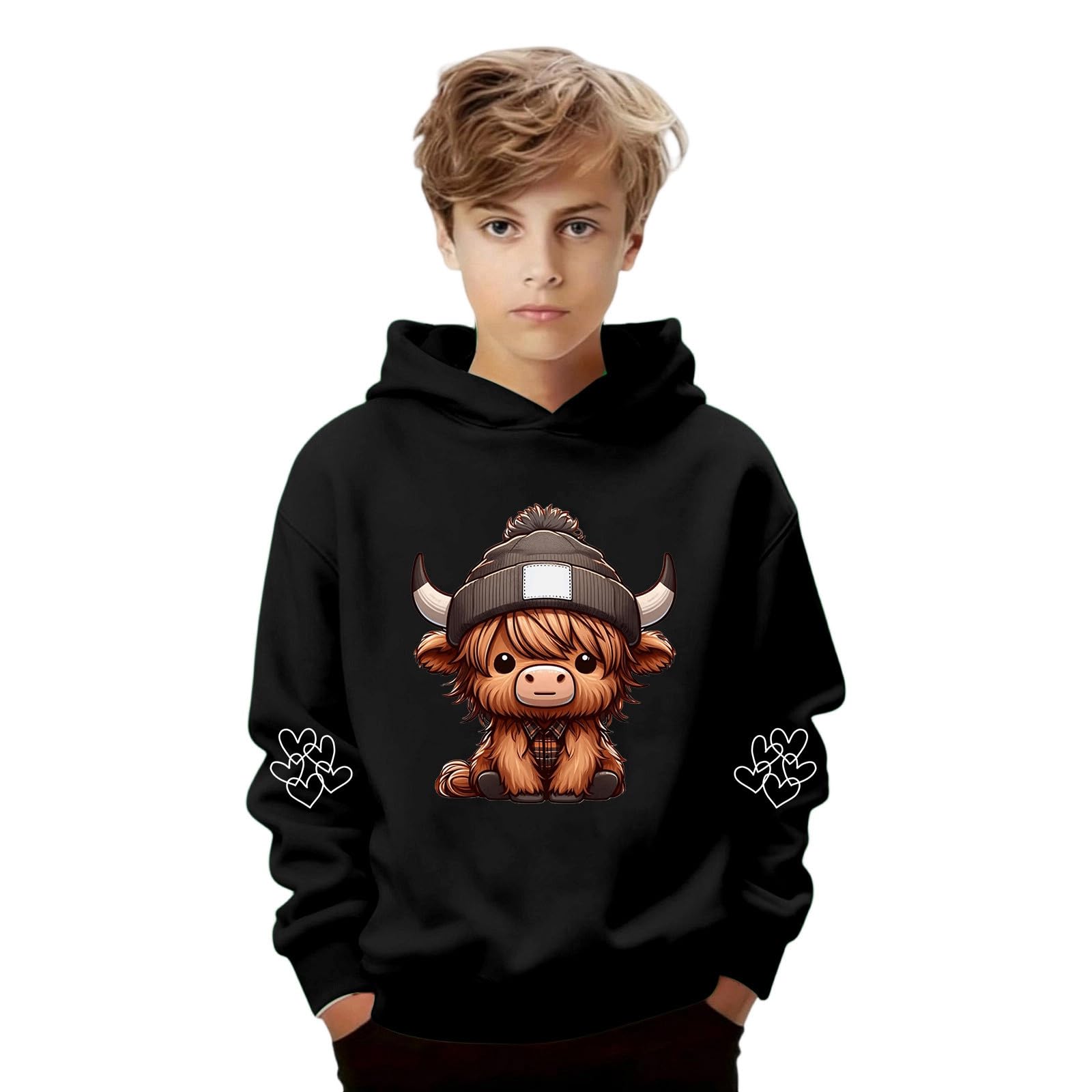 Sweat à capuche garçon imprimé vache, pull manches longues décontracté doux - 6
