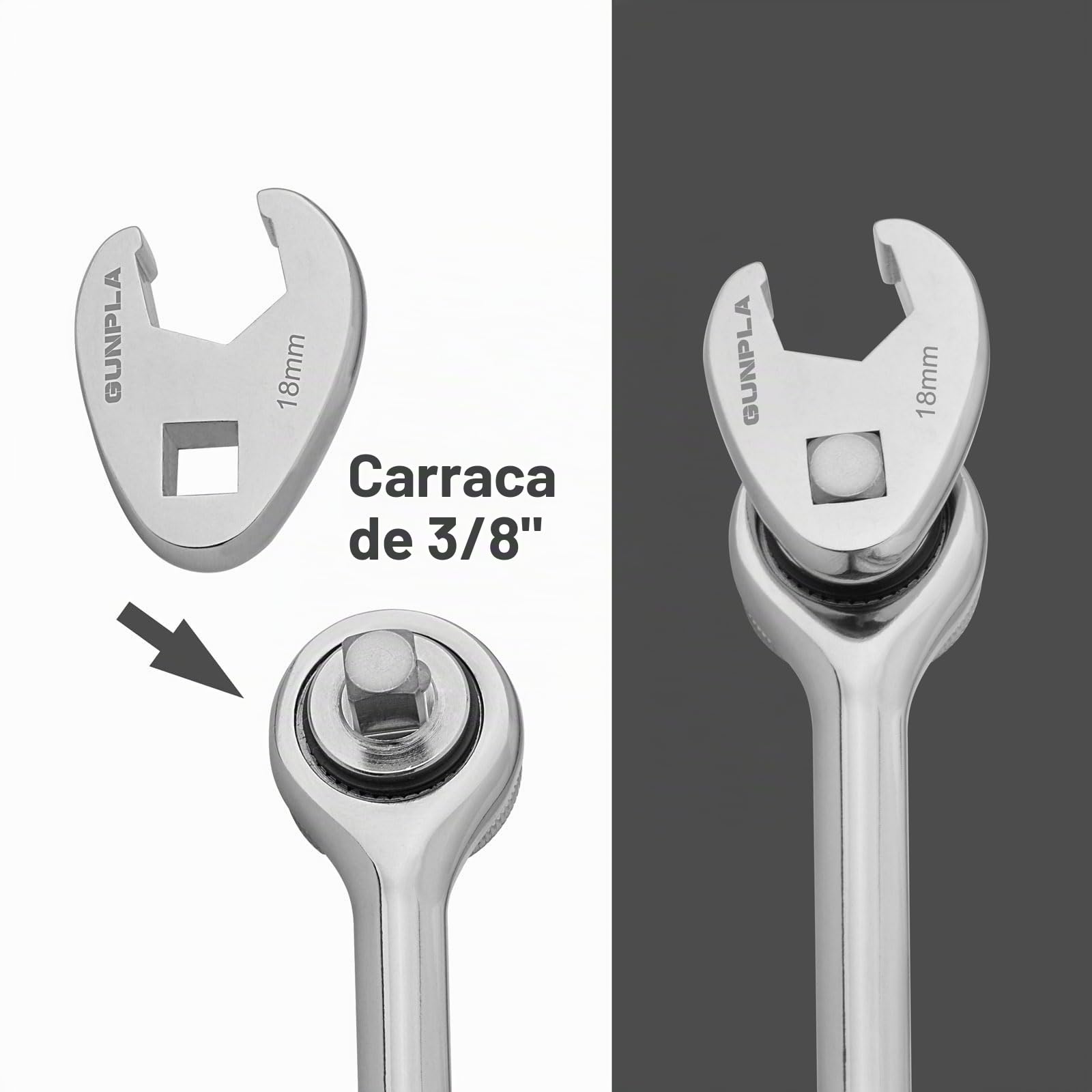 Gunpla Juego de 13 Piezas Llave Boca Hexagonal Abierta (Crowfoot) Acero de Molibdeno Cromado, Entrada 8-22 mm Tamaño Métrico 3/8" Accionamiento Cuadrado Interno