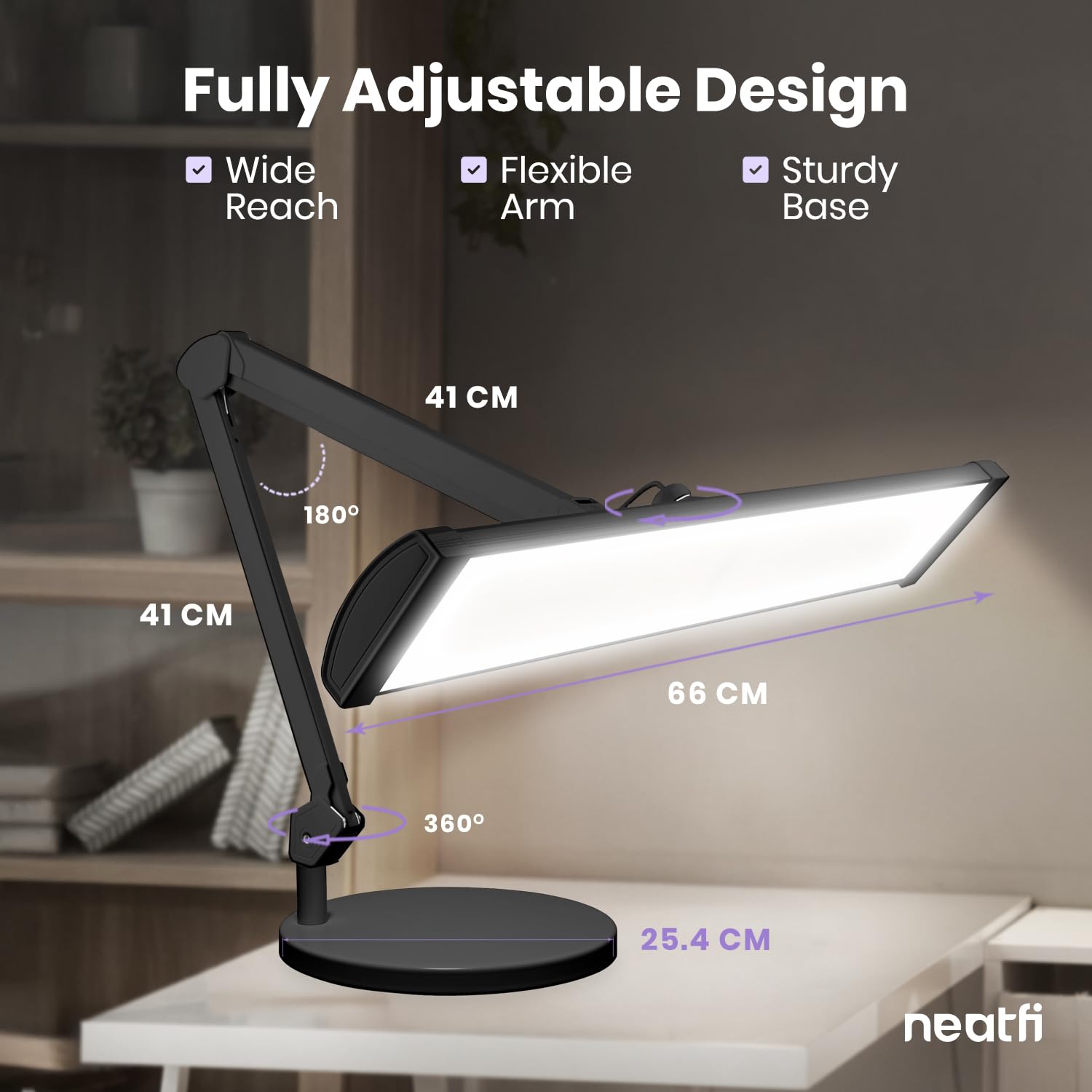 Neatfi Ultra Lampa Biurkowa LED 3500 lm – 45 W | 270 Diod SMD | Bezmigotające Oświetlenie Robocze do Salonów Stylizacji Paznokci, Rękodzieła i Biura (Czarna, Bez CCT z Podstawą)