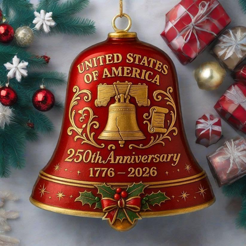 United States 250th Anniversary Bell Ornament, Christmas Gold 250th Anniversarybell,Vintage-Style Commemorative Doorbel Handmade Metal Christmas Bell Ornament for Tree or Garden (RED)