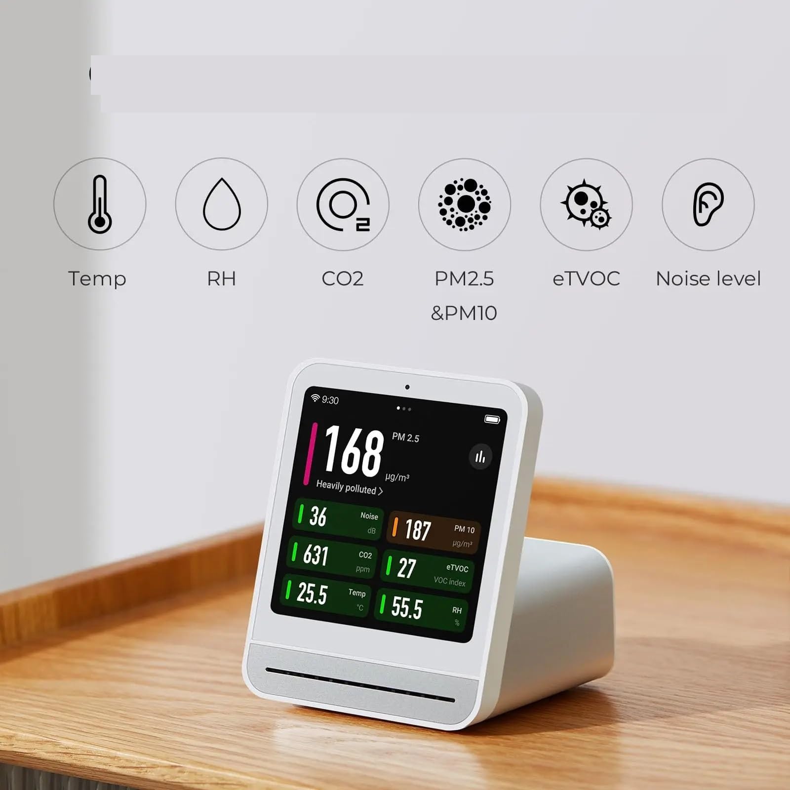 Detector de Gases, Monitor de Aire, Sensor Temperatura y Humedad, Detector Calidad CO2 PM2.5(Nero)