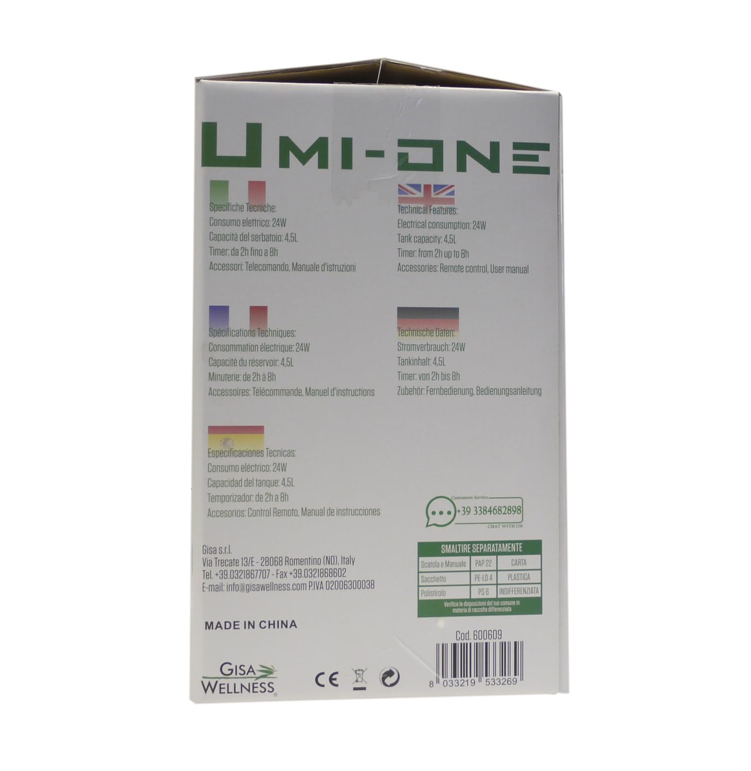 Gisa Wellness - Umi-One - Umidificatore Tecnologico ad Ultrasuoni 4,5L - Aromaterapia - Modalità Notturna - Ampio Serbatoio - Per Soggiorni, Uffici, Camera da Letto e Relax