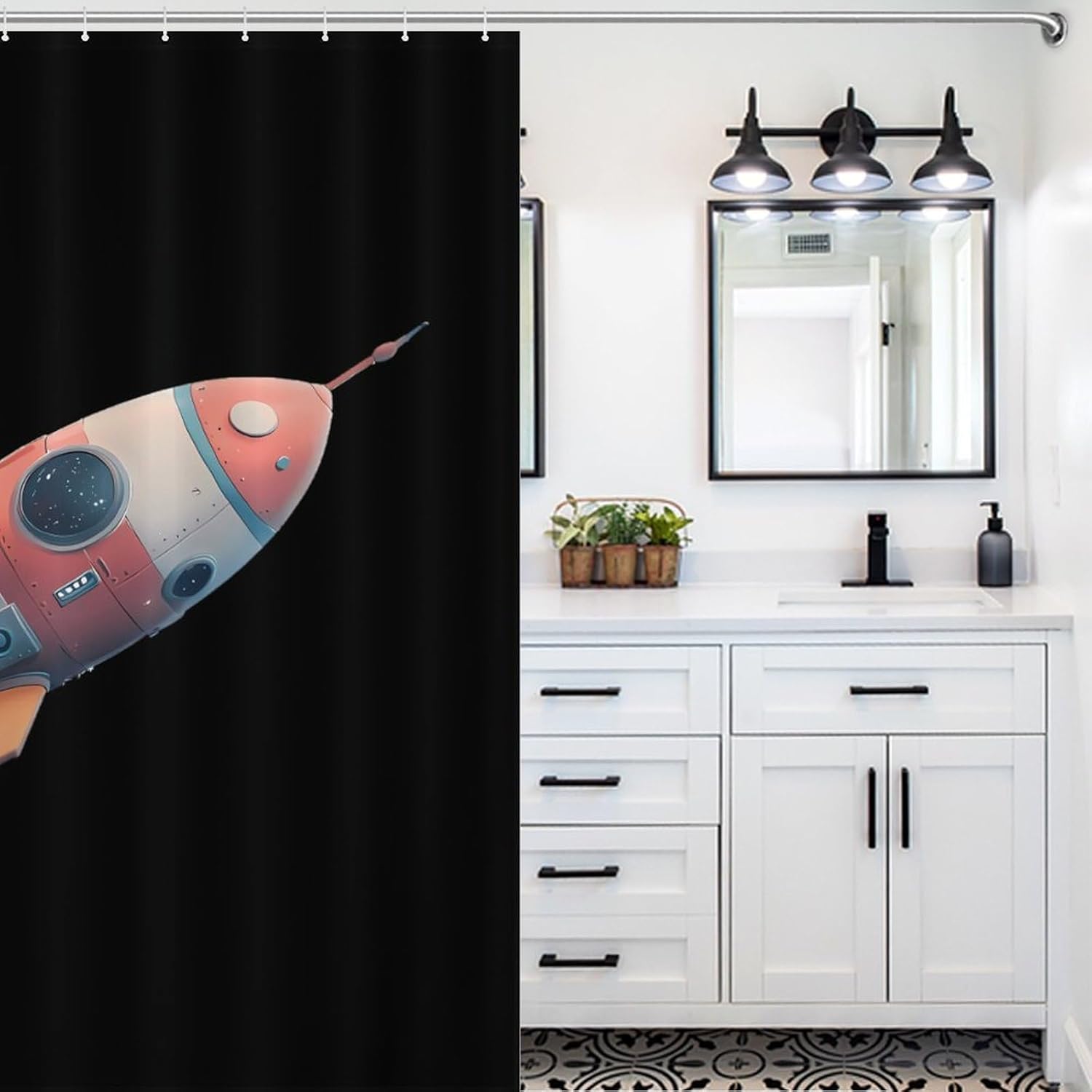 Spaceship Funny Shower Curtains Washable Bath Curtain Liner with Hooks for Bathroom Bath Tubs