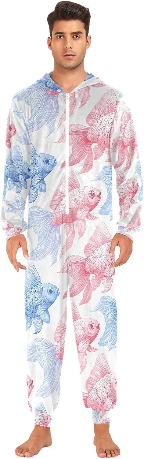 Fish Pink Adult Onesie Pajamas Novelty One Piece Costume Sleepwear Jumpsuits Matching PJS