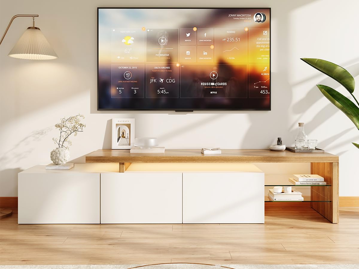 Szafka pod telewizor 200 cm z diodami LED, nowoczesna szafka pod telewizor, wysoki połysk, biała i o wyglądzie drewna, stolik pod telewizor z 3 drzwiami, 2 szklane półki, szafka pod telewizor