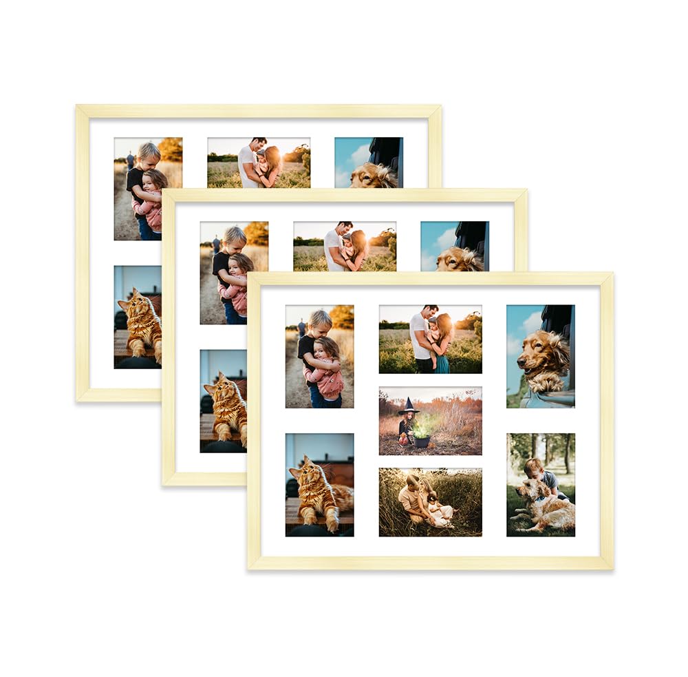 Gold Multi Photo Frame - Holds 7 x 6x4 Pictures, Family Collage Picture Frame for Wall Display, 20x16 Frame size, Set of 3