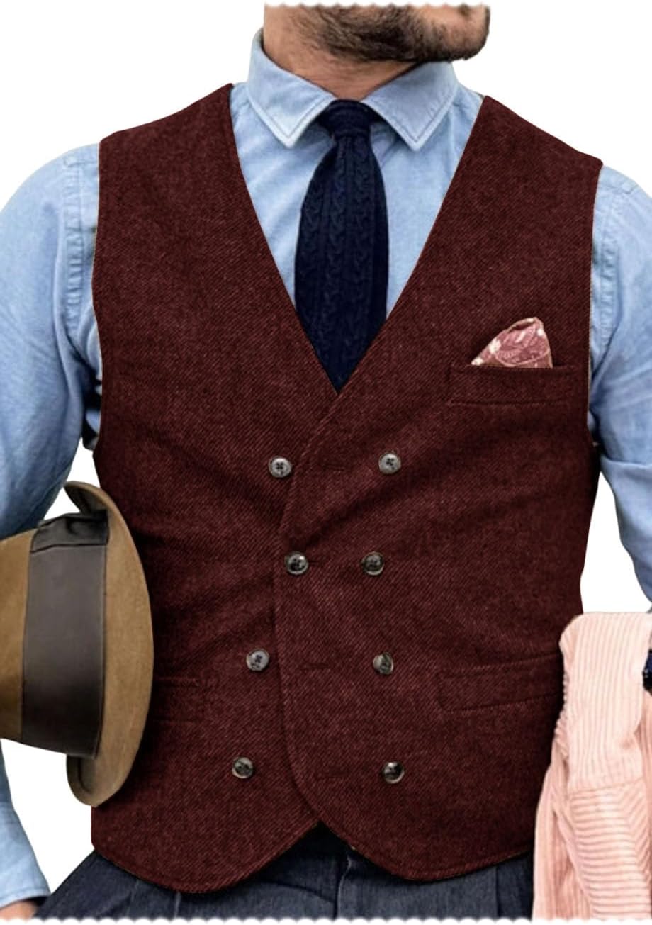 Men's Herringbone Double Breasted Suit Vest Tweed Business Formal Waistcoat
