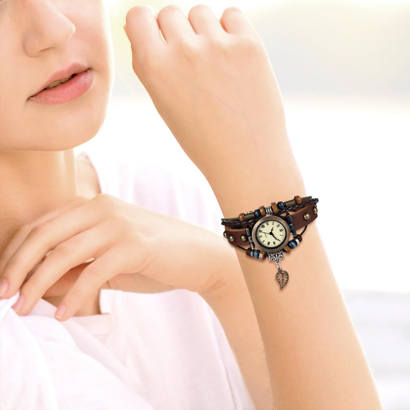 JewelryWe Damski zegarek na rękę, retro, pleciona, skórzana, bransoletka z zawieszką w kształcie liścia, dla kobiet i dziewcząt